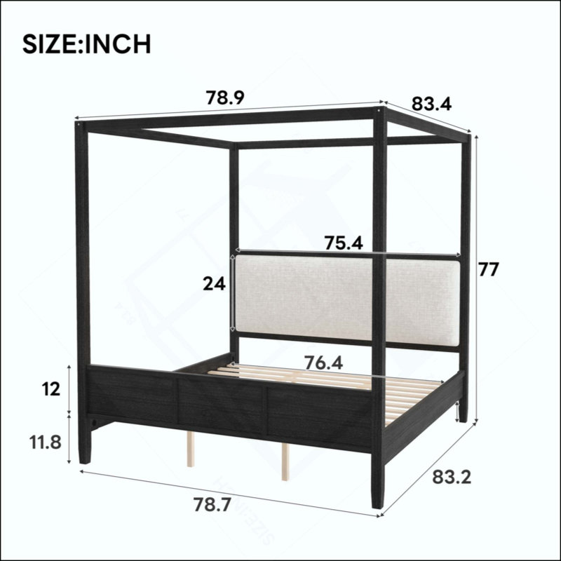 Lit plateforme à baldaquin en bois avec tête de lit tapissier, aucun sommier nécessaire, King, Black
