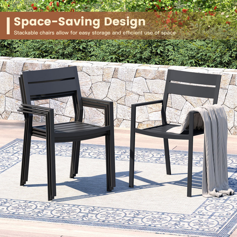 6-Person Rectangular Outdoor Dining Set with 63" Metal Dining Table and 6 Stackable Armrest Chairs, Black/Black