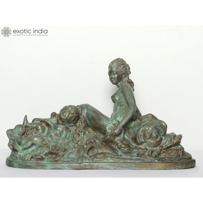  22" Brass Woman & Child Riding On Mizuchi Dragon Figurine For Tabletop/Living Room Décor