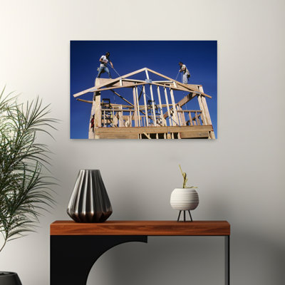 1980S Building A New House With Lumber Raising The A-Frame For The Roof Line Classic Retro Vintage Architecture Landscape Wall Art