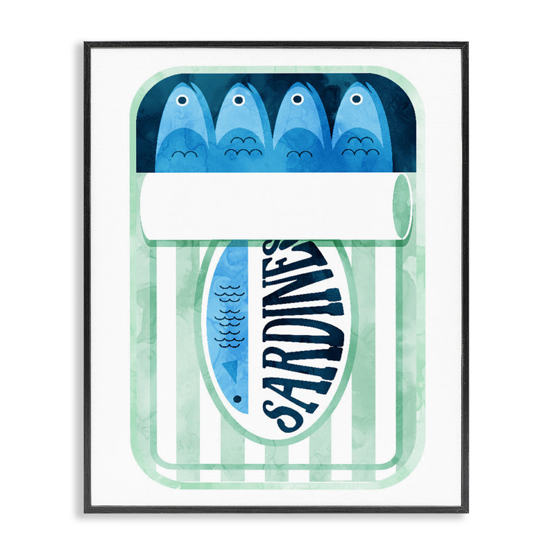 Giclée encadrée de sardine à rayures vertes, design par Daphne Polselli, H 20 po x l 16 po, Giclée encadrée noir minuit