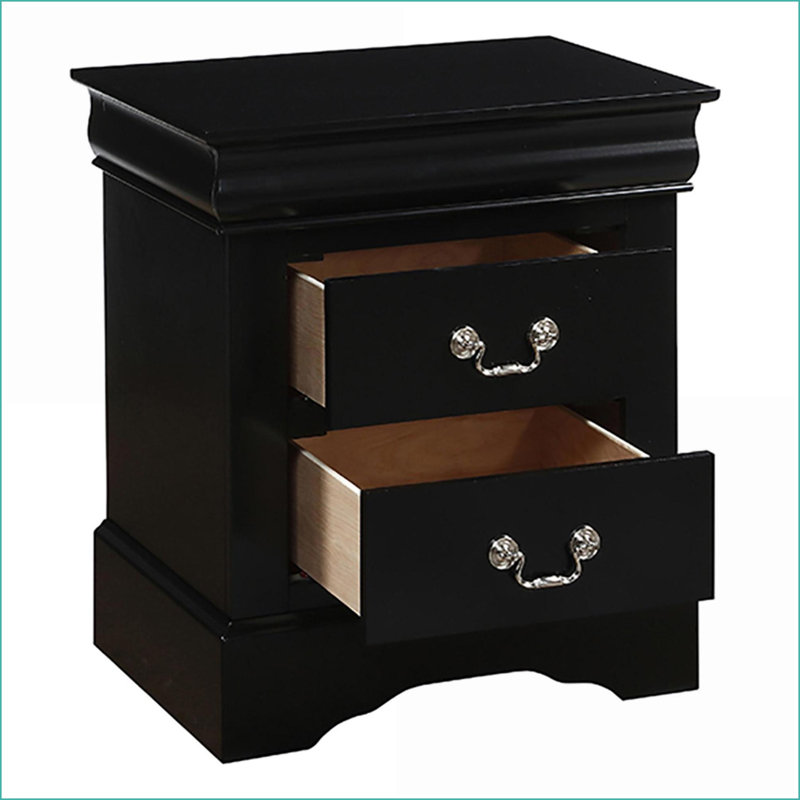 Table de chevet noire à 2 tiroirs en bois d'ingénierie avec poignées en métal