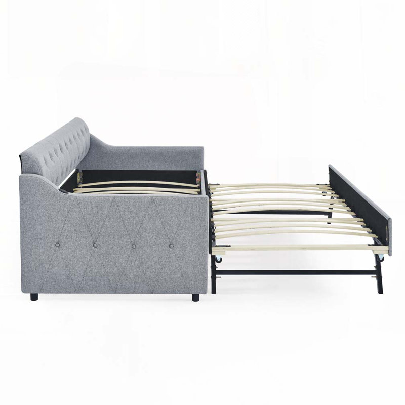 Upholstery DayBed with Twin Size Erectable Trundle and USB Charging Design, Gray 