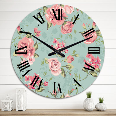 Horloge murale rétro à motif de roses roses et blanches sur fond vert II