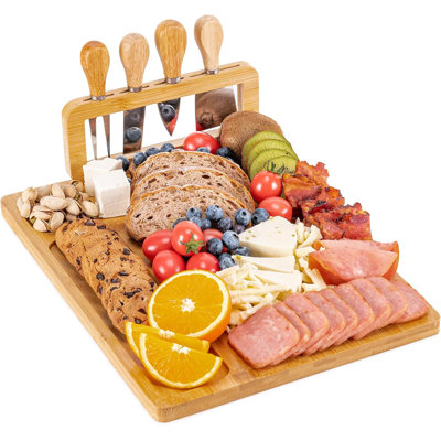 Ensemble de planches à fromage en bois avec rainures et ensemble de 4 couteaux à fromage pour servir les réceptions et les cadeaux
