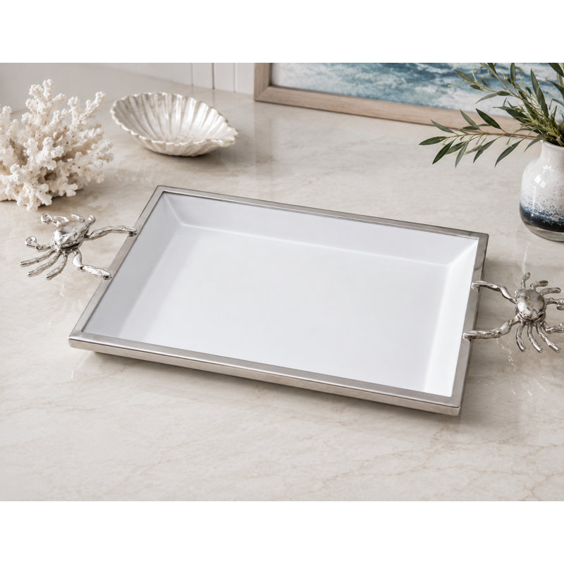 Plateau de service rectangulaire en céramique blanche avec poignées en crabe en métal, L 23 po