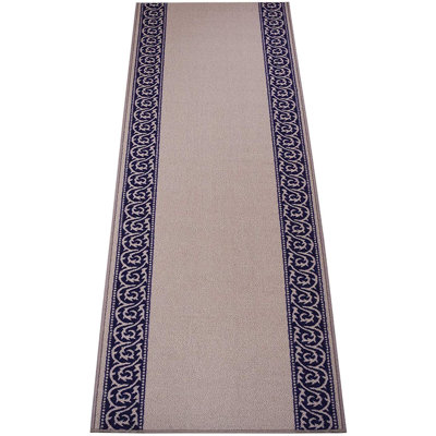 Scroll Bordered Gray Navy Slip Resistant Low Pile Rug
