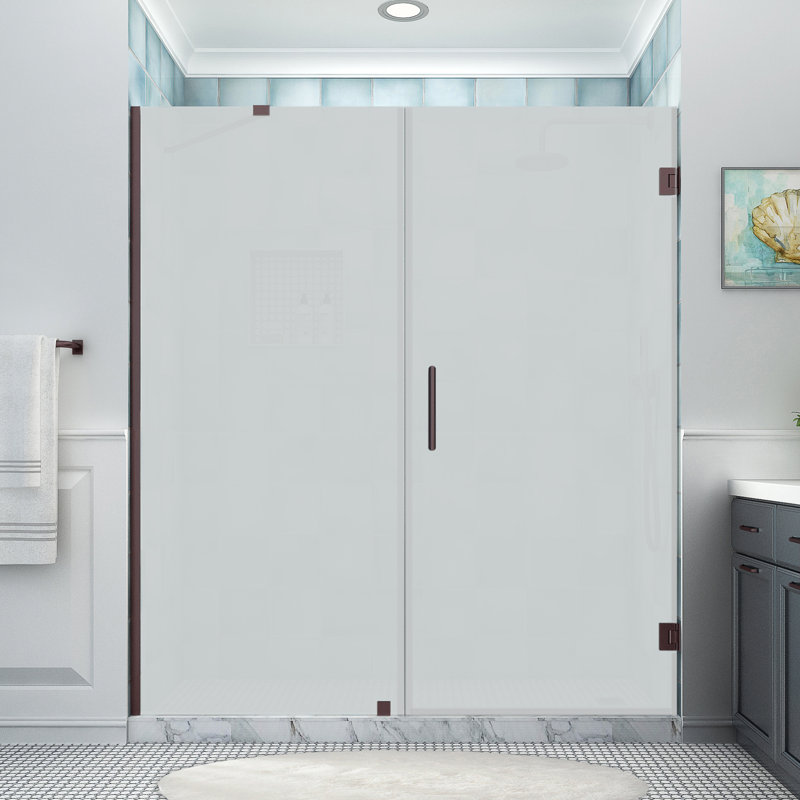 Belmore XL 74.25 - 75.25 in. x 80 in. Frameless Hinged Shower Door with Ultra-Bright Glass, Bronze, Frosted Glass