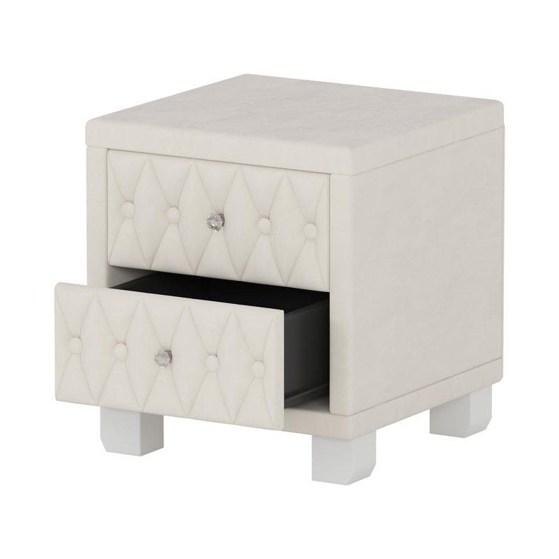 Élégante table de chevet en velours avec 2 tiroirs et poignée en cristal, table de chevet avec capitonnage à boutons, beige