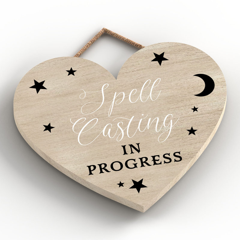 Witch Spell Casting Wooden Heart Plaque, Brown, 16cm H x 17cm W x 0.9cm D