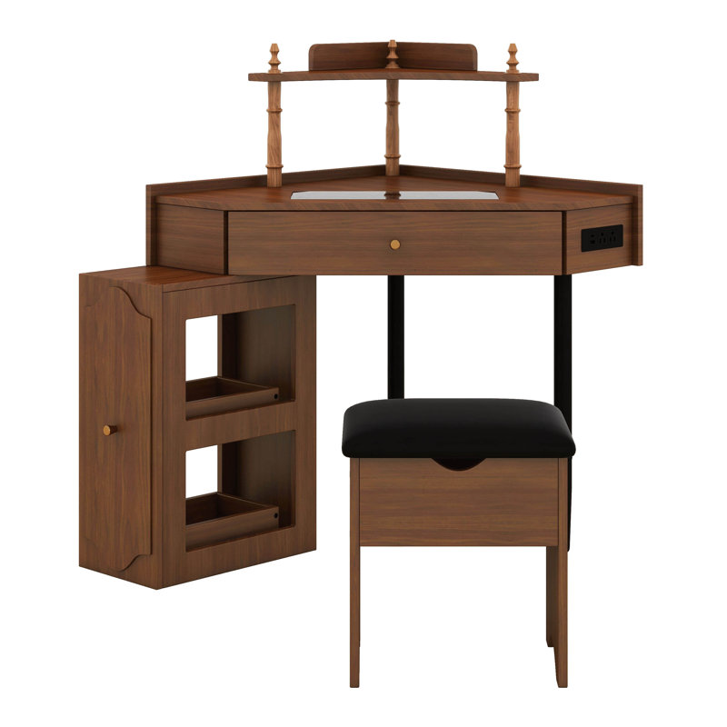 Bureau de coin de coiffeuse avec tiroirs, tabouret de rangement rembourré et station de charge, bureau de maquillage en bois avec armoire latérale amovible et tablette