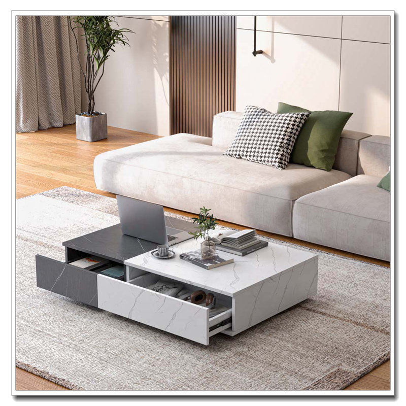 Storage Coffee Table, Black/White, Marble