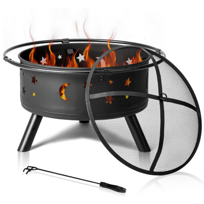 Foyer extérieur rond de 30 pouces, foyer au bois en métal avec découpe en forme d'étoile et de lune, couvercle pare-étincelles et tisonnier, foyer extérieur de jardin pour le camping, chauffage, feu de joie