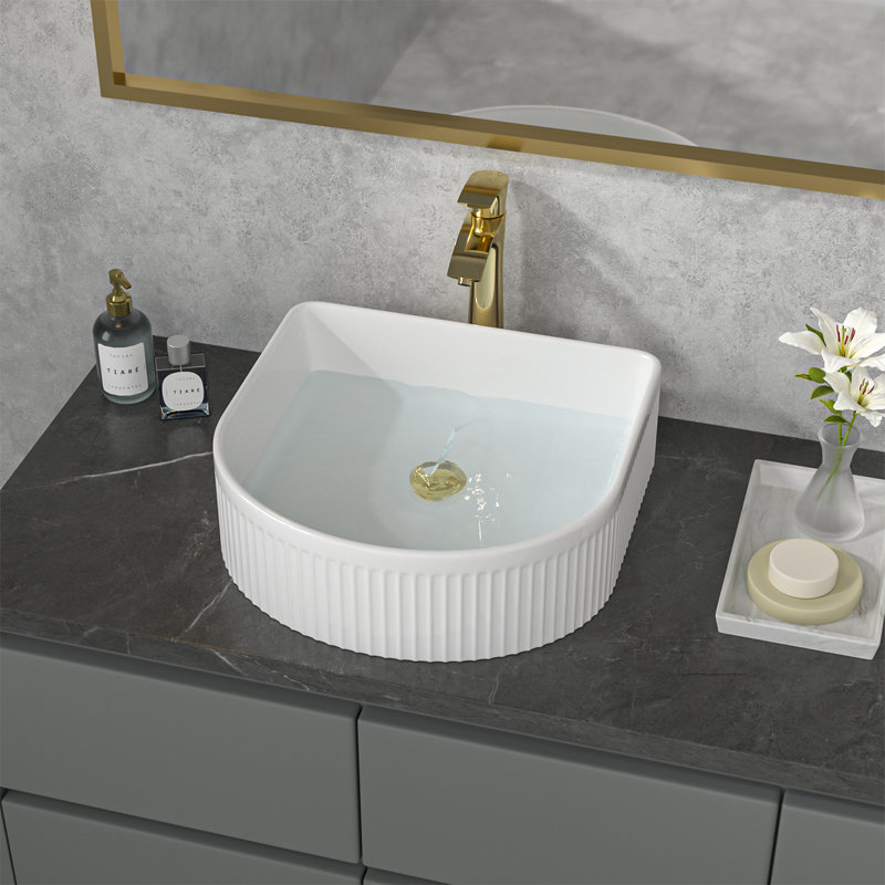 15.7" L x 13.7" W Bathroom Sink White Ceramic U-Shape Vessel Sink with Decorative Slotted Lines