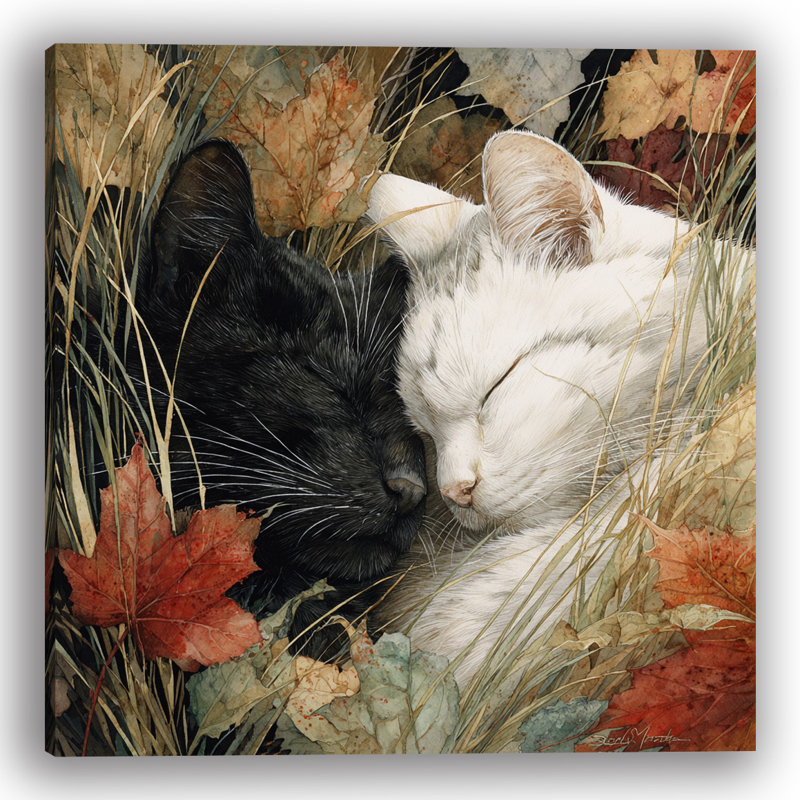 «Black and White Cats Endorm in Leaves», art mural sur toile tendue