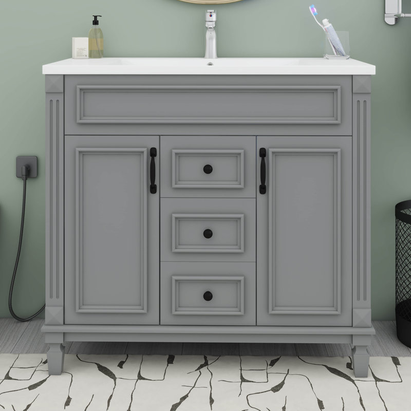 Meuble-lavabo élégant et fonctionnel de 36 po avec lavabo supérieur et tiroirs, Gris