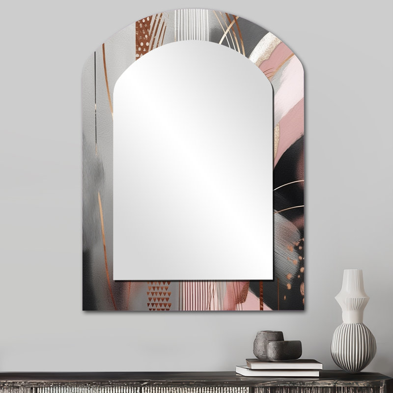 «Rose Rosegold Circle Complexity I» - miroir décoratif arqué de formes transitionnelles, grand miroir mural asymétrique moderne, impression d'art en métal