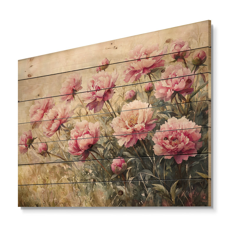 Peonies And The Summer Meadow III - Peonies Wood Wall Decor - On Natural Pine Wood, 10" H x 20" W x 0.78" D