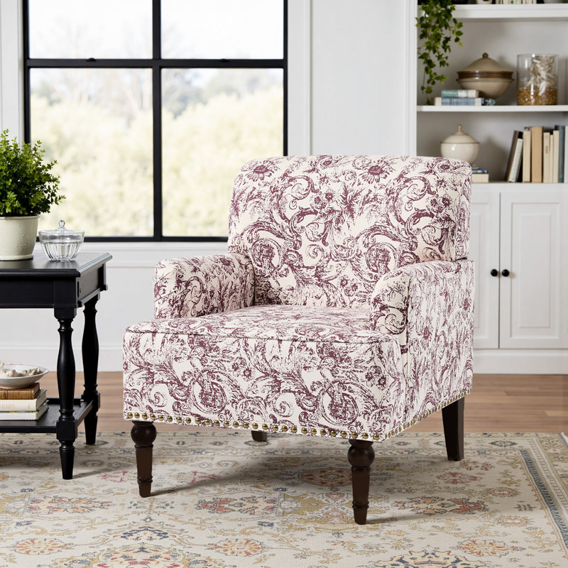 Glenetta Iliana Upholstered Rococo Plum Cotton Blend Armchair with Solid Wood Legs and Nailhead Trim, Plum Chenille