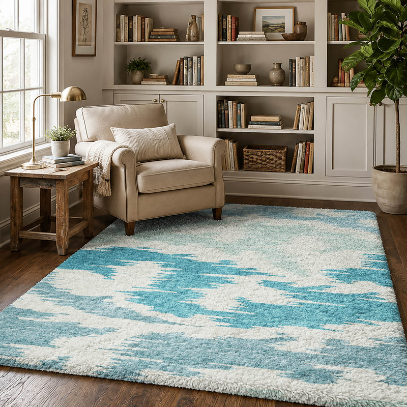 Tapis Dream Shag ADS746 abstrait, lavable à la machine de qualité supérieure, Teal, 10' x 14'
