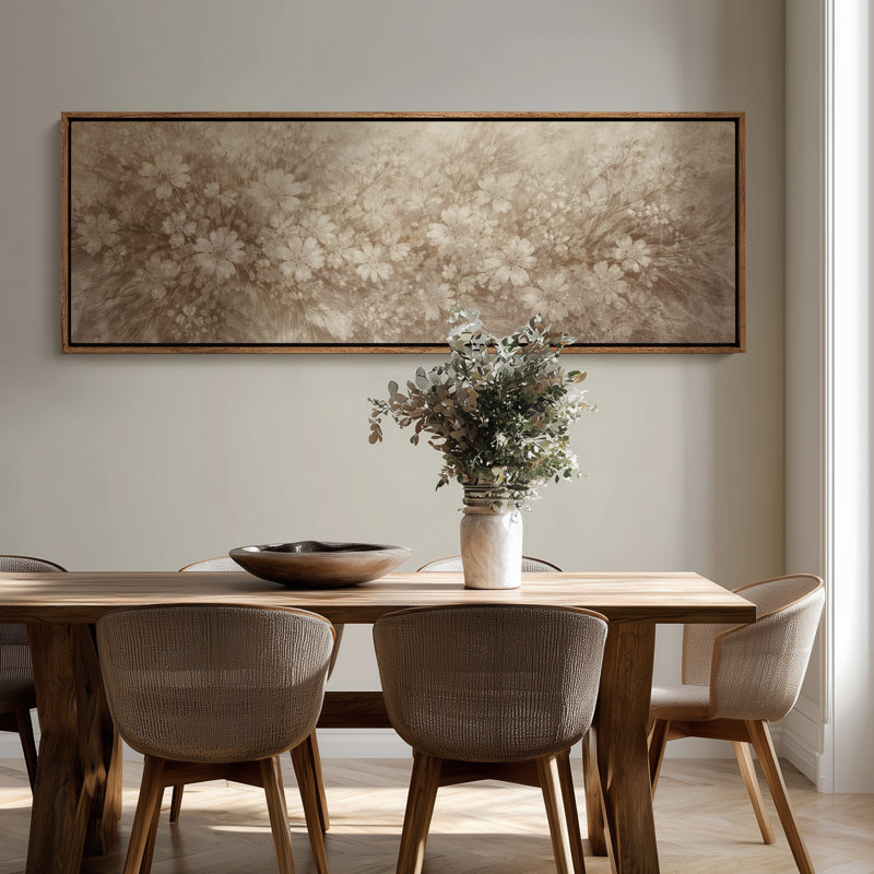 Extra Large Vintage Sepia Floral Botanical Field Framed Canvas Print Wall Art, 20" H x 60" W, Natural