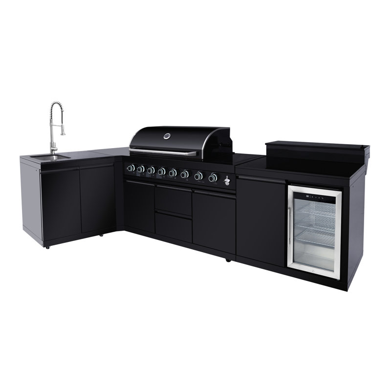 6 Barbecue extérieur en acier inoxydable avec évier, armoire de rangement, réfrigérateur, brûleurs à haute puissance, rangement modulaire, noir, style américain et esthétique