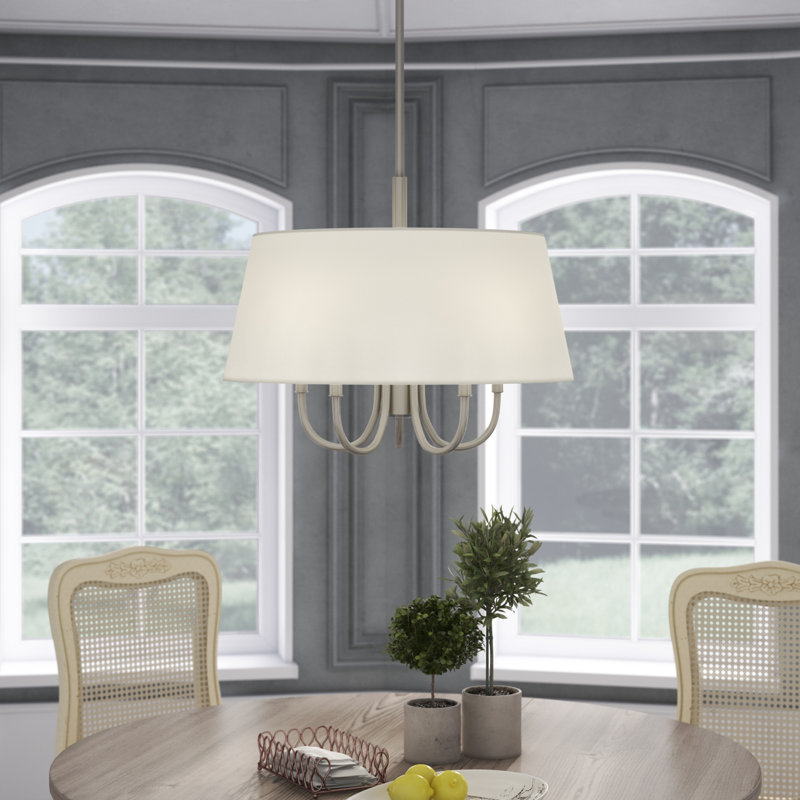 Lustre cylindrique unique et remarquable à 6 lumières Barbora, Nickel brossé, Blanc cassé