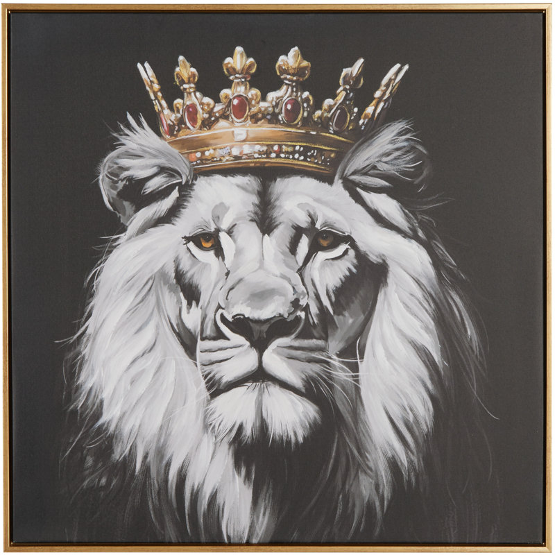 Art mural encadré de lion en polystone avec couronne ornée de bijoux