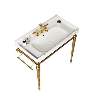 36" Ceramic Bathroom Sink, White Vanity Basin With 3 Holes, Stable Stainless Steel Legs And Towel Hanger, Gold Option Available Now Console Faucet Resilient & Bar, Golden Tone