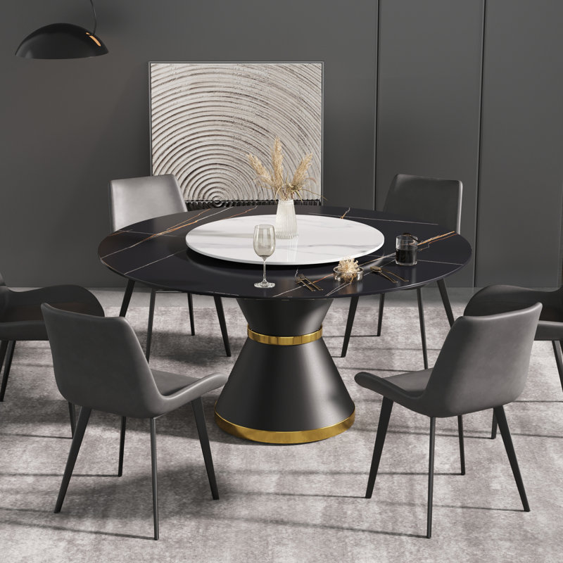 Ryding Modern Round Sintered Stone Dining Table with Rotating Tray, Black/White, 29.5" H x 59" L x 59" W
