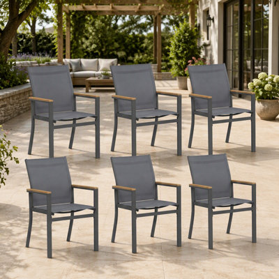 Ensemble de 6 chaises de patio extérieures en aluminium gris - Textilène toutes saisons, 350 lb, accoudoirs HDPS, dossier haut ergonomique à 110 °, résistant à la rouille