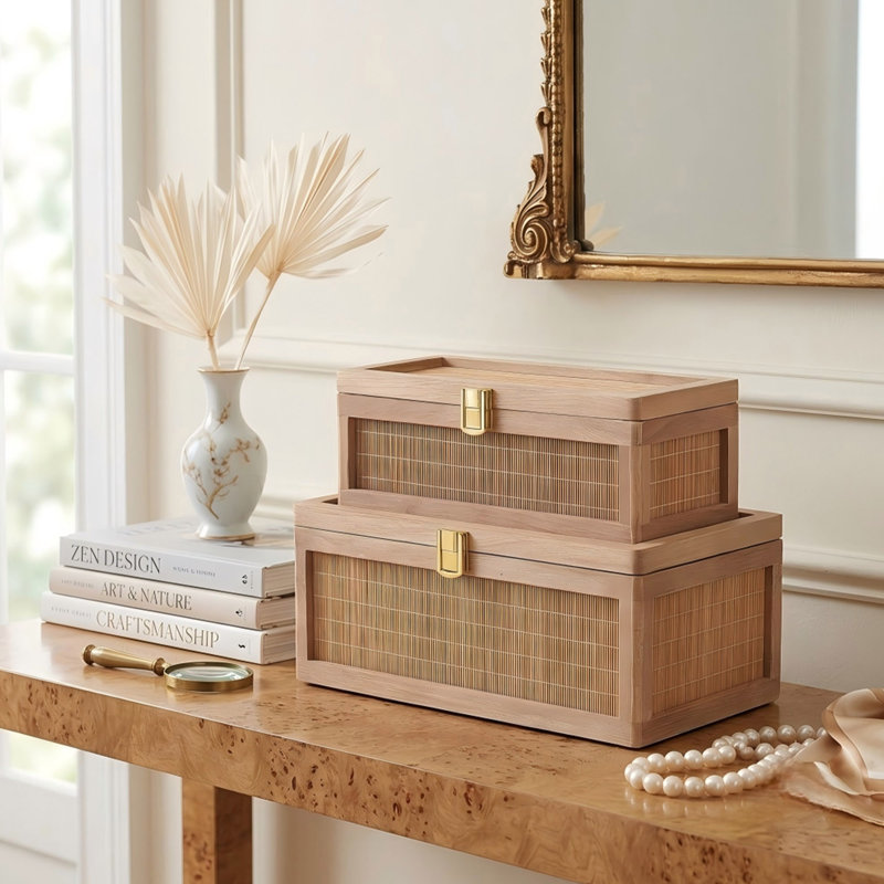 Ensemble de boîtes de rangement décoratives, boîtes à souvenirs en bambou et bois avec couvercles à charnières et fermeture à loquet (ensemble de 2)