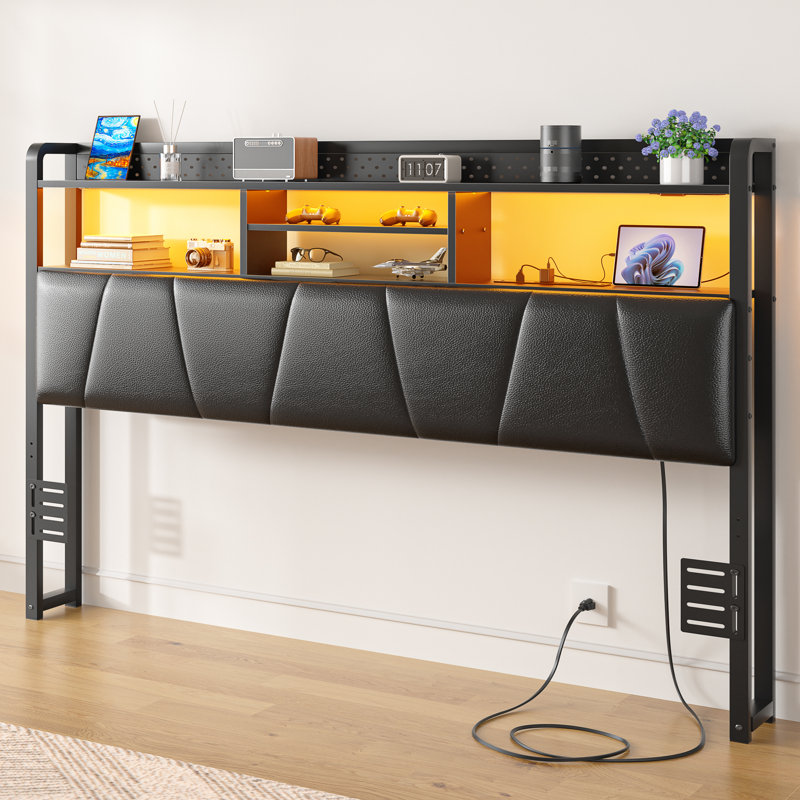 Tête de lit rembourrée avec rangement en polyuréthane avec lumières DEL et station de charge, Grand, Noir
