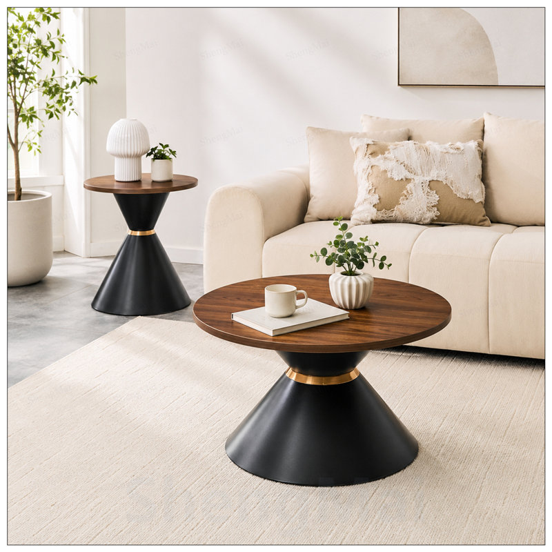 Ensemble de 2 tables basses rondes à la mode, comptoir texturé avec base en métal stable pour le salon et la chambre à coucher