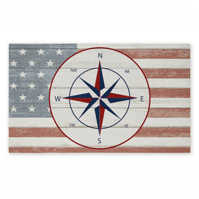 Tapis de porte d'extérieur imprimé drapeau nautique avec boussole, design par Kim Allen, 18 po x 30 po