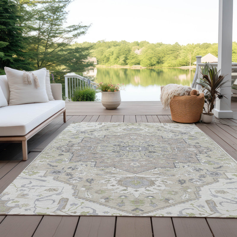 Ivory and Beige Rectangular Synthetic Washable Area Rug