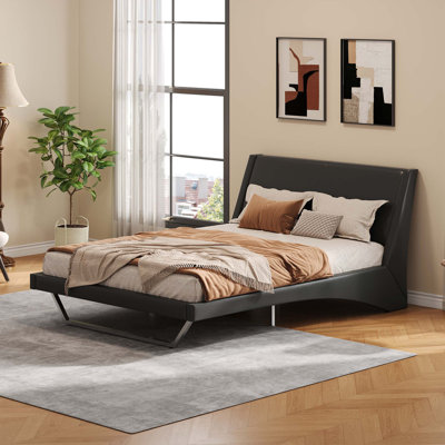 Queen Size Upholstered Platform Bed Frame with Wave Curve Design