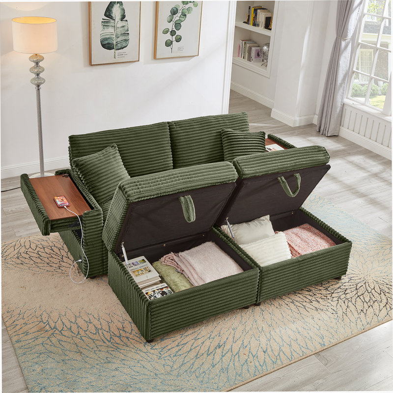 Comfortable Fluffy Corduroy Lazy Sofa With Storage, Double Ottomans, And Table Board For Ultimate Relaxation, Green