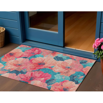 Tapis extérieur lavable floral bleu saumon et bleu sarcelle 3 pi x 5 pi