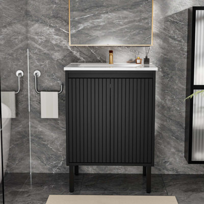 24 Inch Bathroom Vanity With Sink,  Floor - Standing Structure For Stability, Soft - Closing Doors For Noiseless Operation, Sleek Oak Finish For Modern Aesthetic