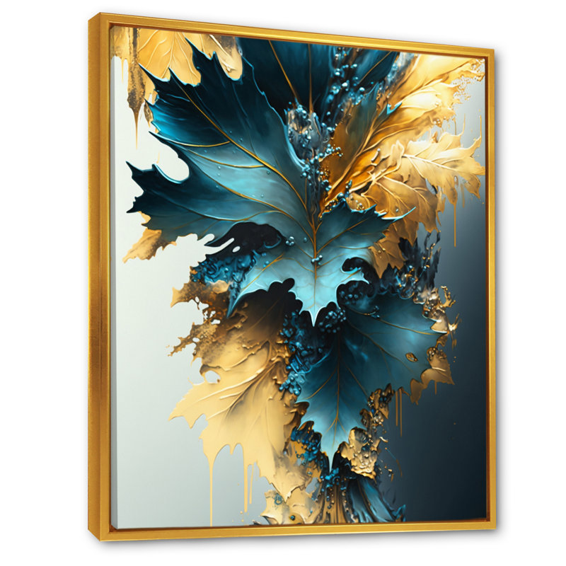 Abstrait bleu et feuilles d'or II - feuilles, art mural, H 40 po x l 30 po x P 1,5 po, Toile avec cadre flottant or