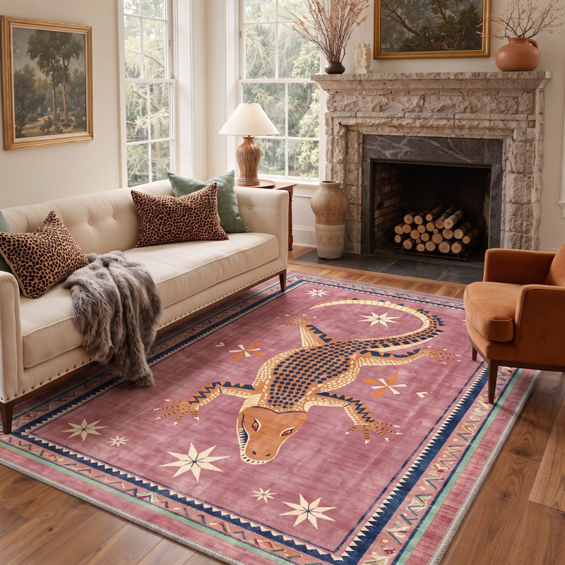 Tapis rose / orange lavable à la machine avec envers antidérapant, Rectangle 5' x 7'