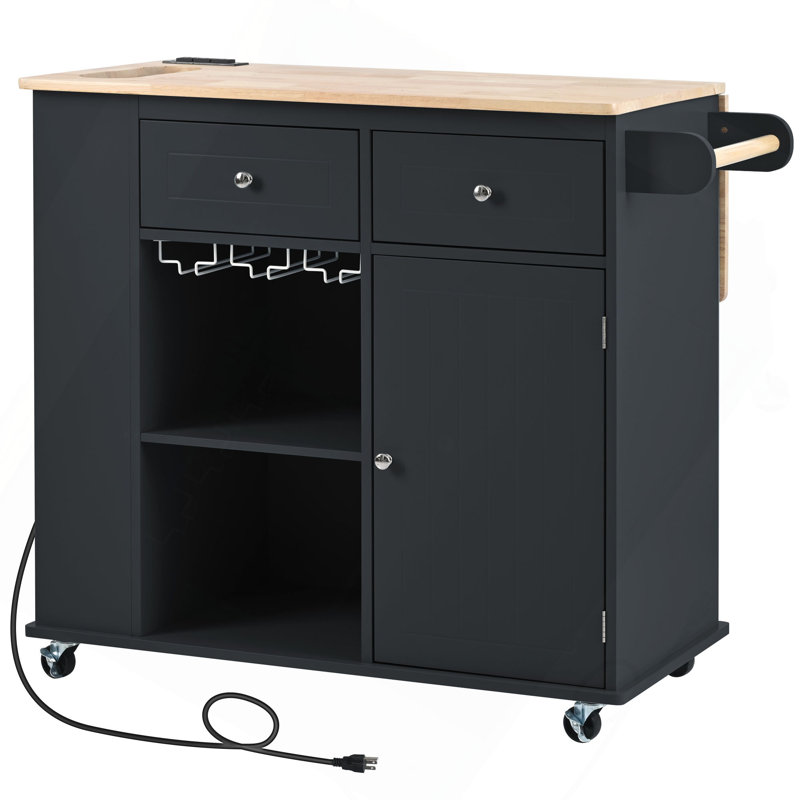 Kitchen Island With Power Outlet,Kitchen Storage Island With Drop Leaf And Rubber Wood,Open Storage And Wine Rack,5 Wheels,With Adjustable Storage For Home, Kitchen, And Dining Room