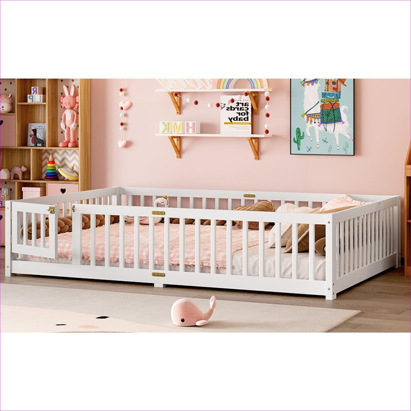 Grand lit de plancher pour enfant en bois de pin massif et contreplaqué avec barrières de sécurité et porte amovible, blanc pur