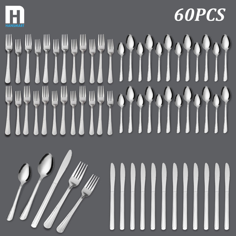 Ensemble de couverts pour 12, ensemble de couverts en acier inoxydable 430 de 60 pièces - Service pour 12 comprenant couteaux, fourchettes, cuillères