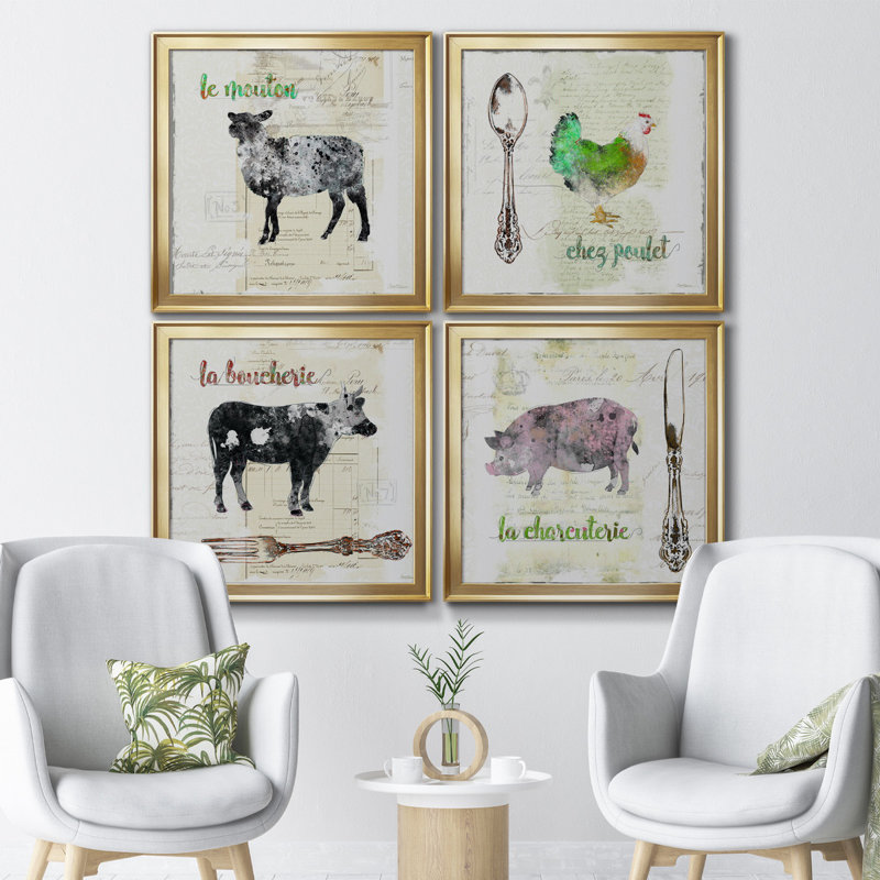 Golden Cuisine Sheep - Ensemble de 4 peintures sur toile encadrées, H 17,5 po x l 70 po x P 1,5 po, Toile avec cadre noir