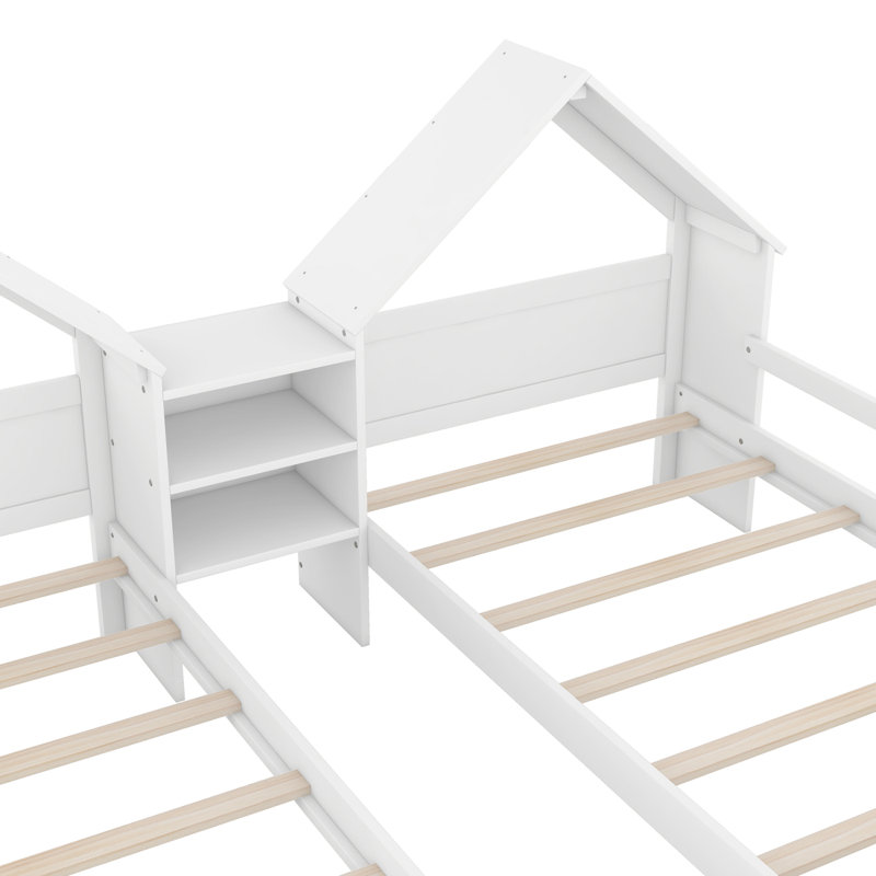 Lit plateforme simple double avec tête de lit en forme de maison et table de chevet intégrée, blanc