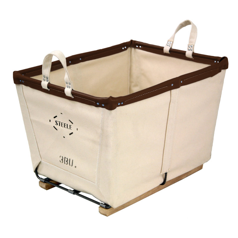 Canvas Carry Basket - 4 Bu, Natural Canvas with Brown Leather Rim, Small (5" H x 15" W x 23" D)