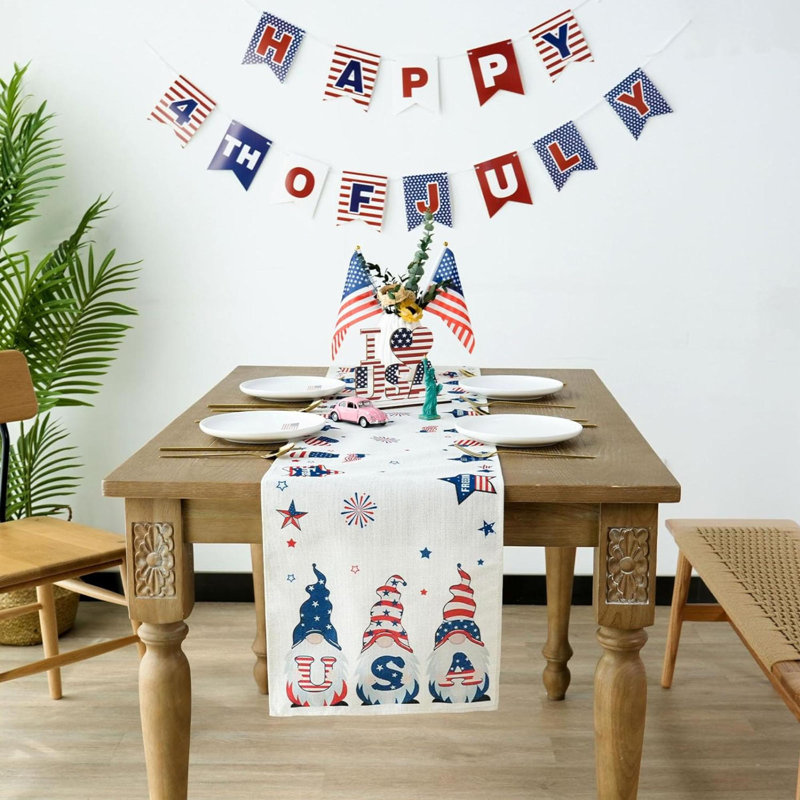 Patriotic Red White and Blue Polyester Table Runner with Gnomes, 47" x 13"