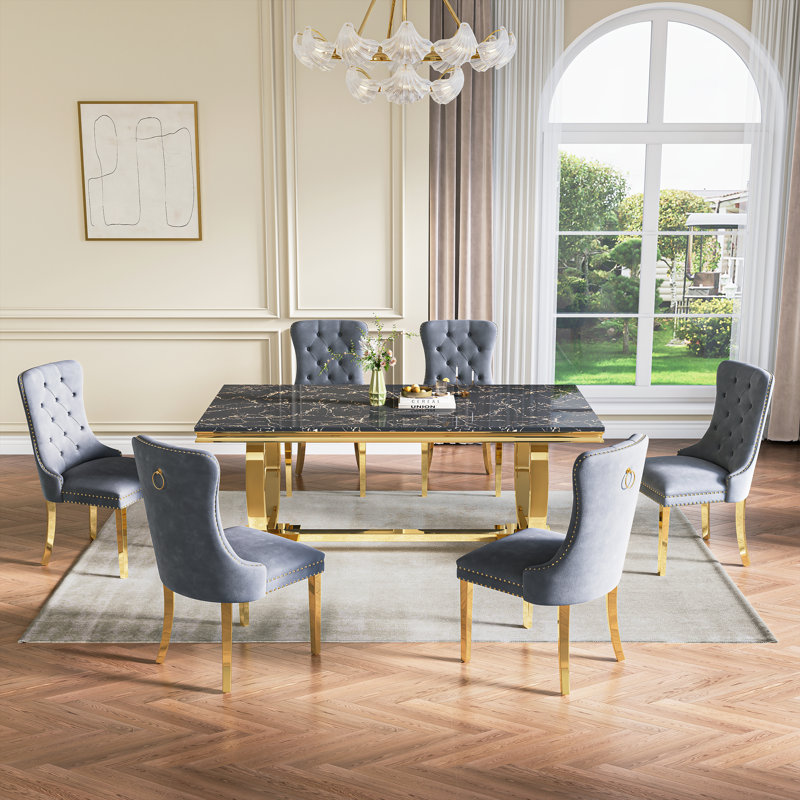 Rectangular 70.1"L X 35"W Dining Set, Gris/doré, Noir et or, 7 pièces : table, 6 chaises